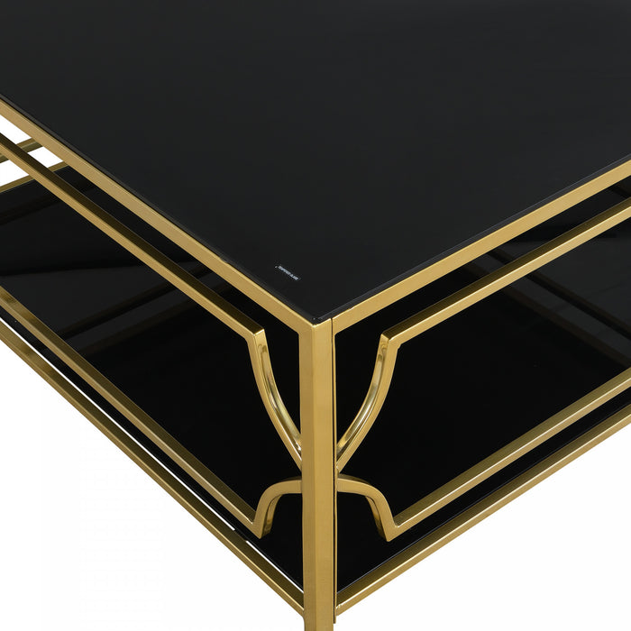 Gleam 33.5 Inch Square Tempered Glass Coffee Table with Geometric Gold Frame and Lower Shelf, Black