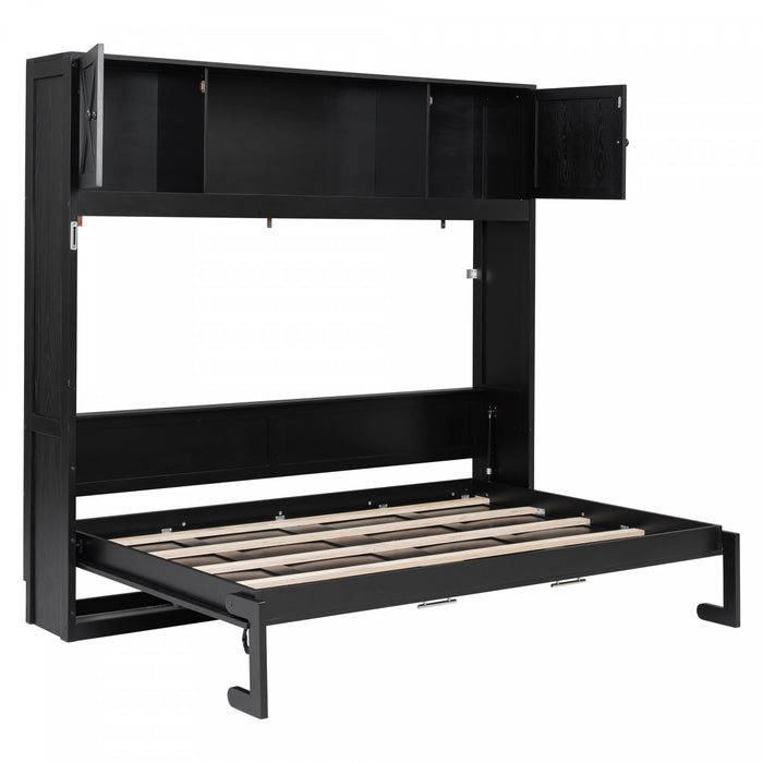 Ethan Solid Wood Murphy Bed with Storage Cabinets,Full Size,Black Full Bed