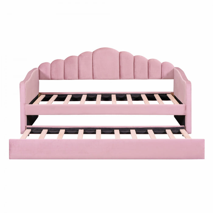 Lily Upholstered Daybed with Trundle and USB Charging Ports,Twin Size,Pink Twin Bed
