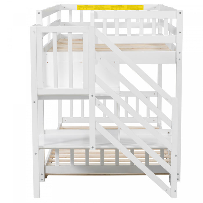 Liam Floor Bunk Bed with Ladder and Storage,Twin over Twin,White Twin Bed