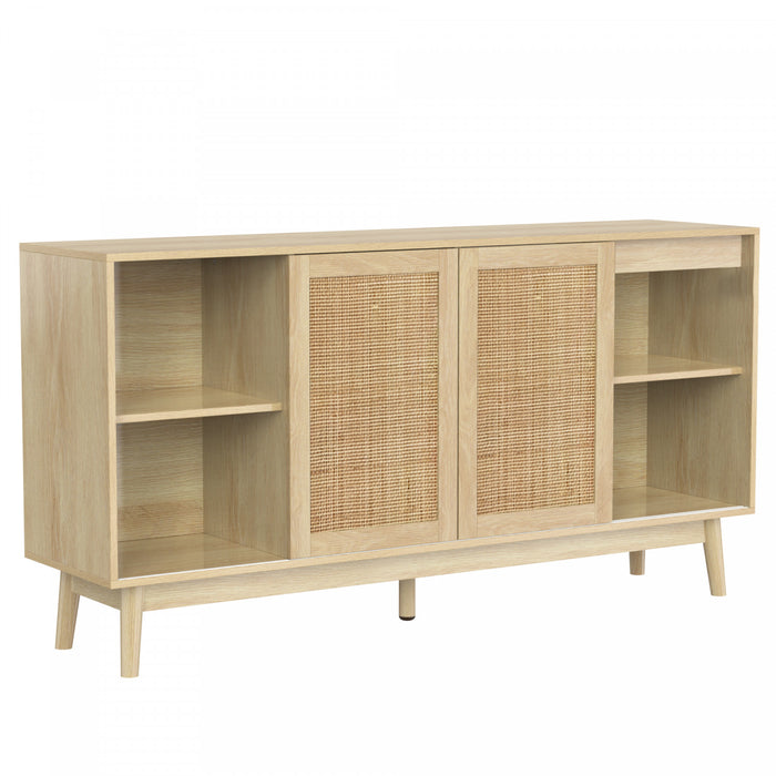 Oliver 61\" Sideboard Cabinet with Rattan Sliding Doors and Drawers,Natural Accent Cabinet