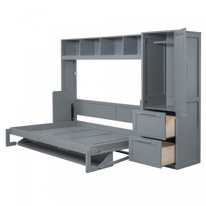 Dennis Engineered Wood Full Murphy Bed With Shelves And Drawers, Grey