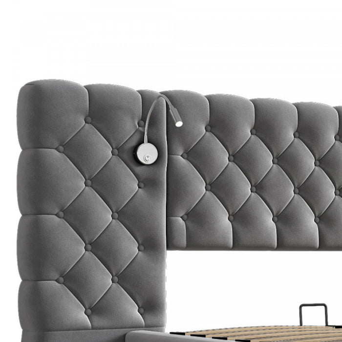 Malcolm Luxury Plush Velvet Upholstered Bed with Diamond Tufted Headboard and Reading Lights,King Size,Grey King Bed