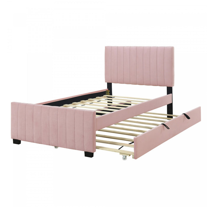 Ethan Space-Saving Velvet Upholstered Platform Bed with Trundle,Twin Size,Pink Twin Bed