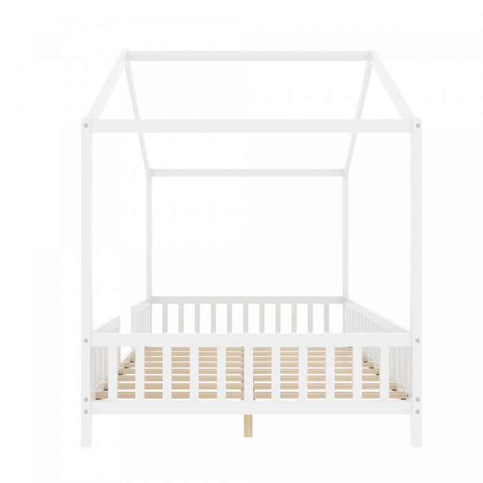 Paul Montessori Floor Bed with Canopy and High Railings,Full Size,White Full Bed