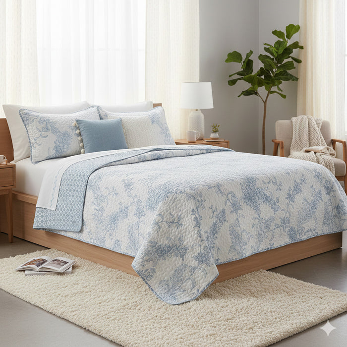 Reversible 3-Piece King Quilt Set, Blue & White Floral Microfiber Bedding