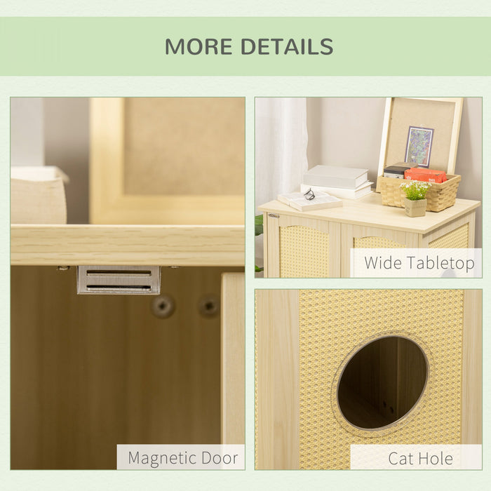 Pawhut Cat Litter Box Enclosure With Soft Cushion, Indoor Cat Washroom Storage Bench End Table With Pe Rattan Trim, Magnetic Doors, Easy Assembly, Oak