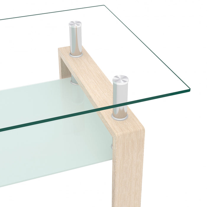 Liam Modern Rectangle Clear Tempered Glass Coffee Table,Oak