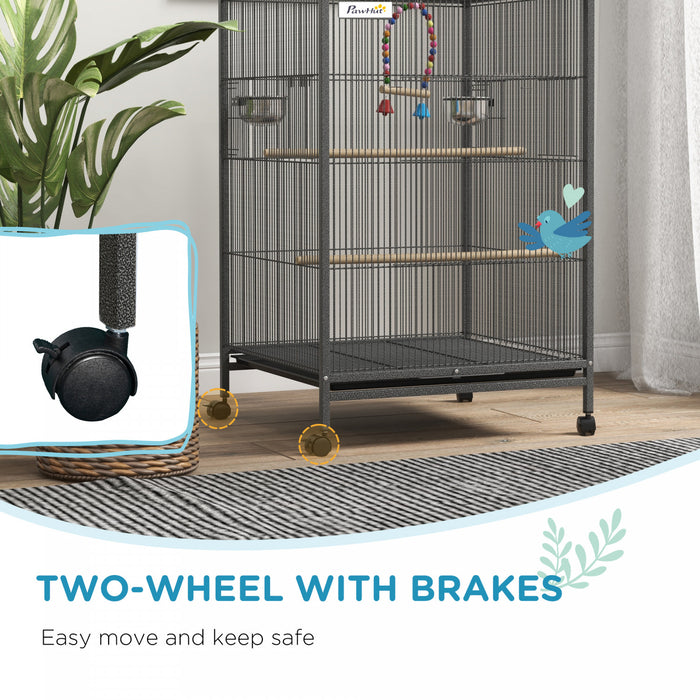 Pawhut 29\" Bird Cage With Rolling Stand For Parrots, Love Birds, And Finches, Large Bird Cage With Colourful Swing, Stainless Steel Bowls, Removable Tray - Grey