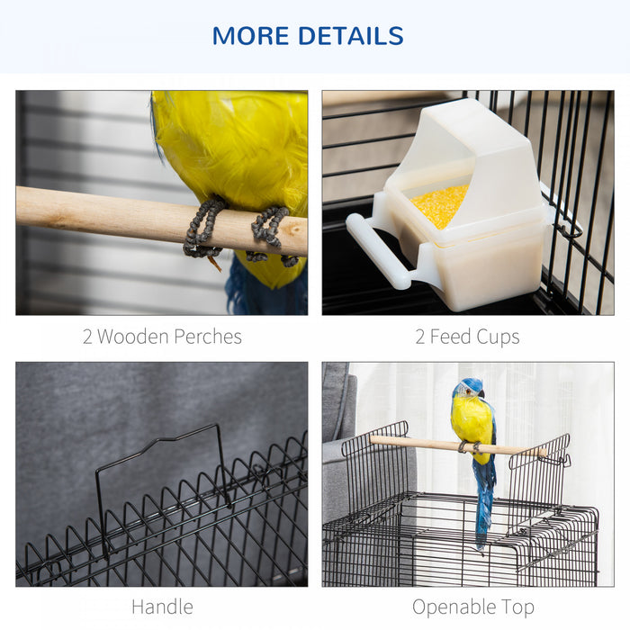 Pawhut 23\" Bird Cage Flight Parrot House Cockatiels Playpen With Open Play Top And Feeding Bowl Perch Pet Furniture Black
