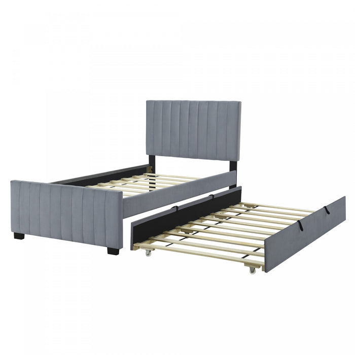 Ethan Space-Saving Velvet Upholstered Platform Bed with Trundle,Twin Size,Grey Twin Bed
