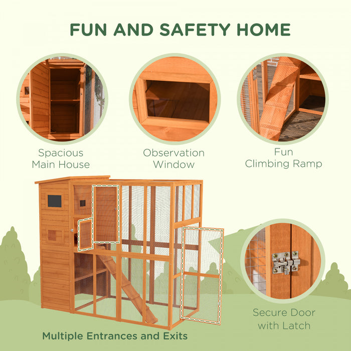 Pawhut Large Catio Outdoor Cat Enclosure Weatherproof Cat House With Cat Condo, Indoor Wooden Cat Cage Pet Kennel, 77\"l X 38\"w X 69\"h