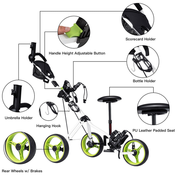 Costway Foldable 3 Wheel Push Pull Golf Club Cart Trolley W/ Seat Scoreboard Bag Swivel