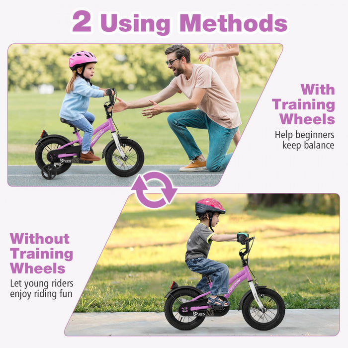 Costway 12\" Kids Bike For 3-4 Years Old Boys & Girls With Adjustable Seat Handbrake Reflectors Purple