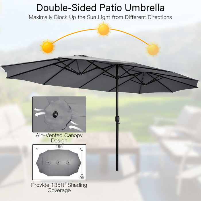 Costway 15FT Double-Sided Twin Patio Umbrella Outdoor Market W/ Crank & Base Grey