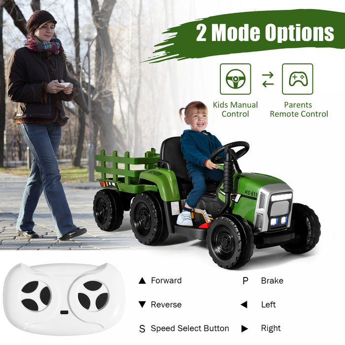 Costway 12v Kids Ride On Tractor With Trailer Ground Loader W/ Rc & Lights Dark Green