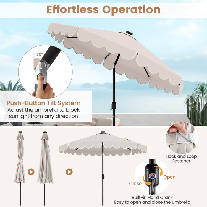 Costway 9.3 FT Solar Patio Umbrella Outdoor Market Sunshade with 24 LED Lights Ruffles Beige