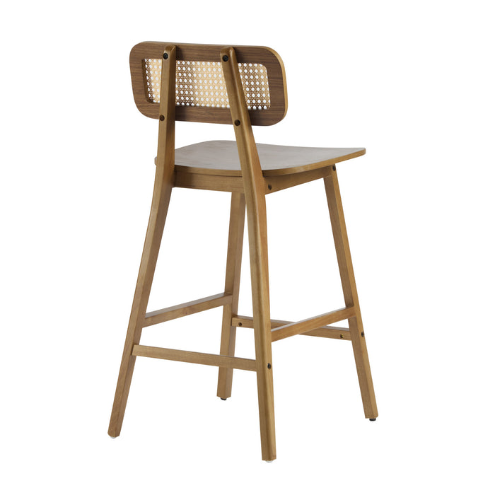 Bari Rubber Wood Counter Stool Set of 2 with Rattan Back and Footrest,Walnut