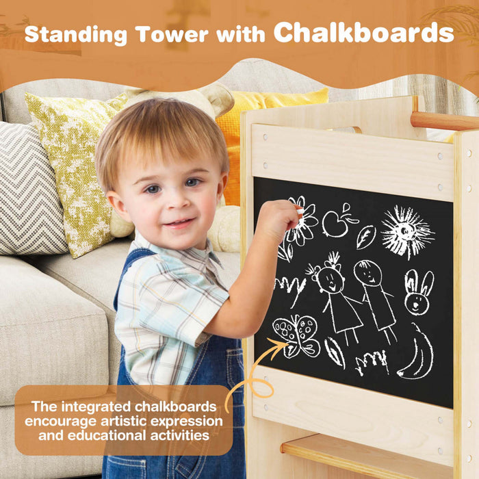 Costway Toddler Kitchen Step Stool With Activity Chalkboard Adjustable Height & Safety Rail Beige