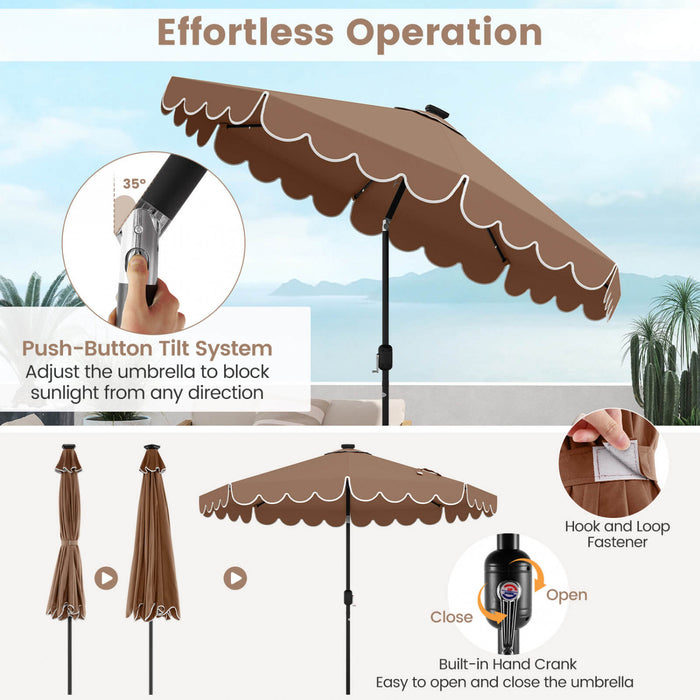 Costway 9.3 FT Solar Patio Umbrella Outdoor Market Sunshade with 24 LED Lights Ruffles Brown