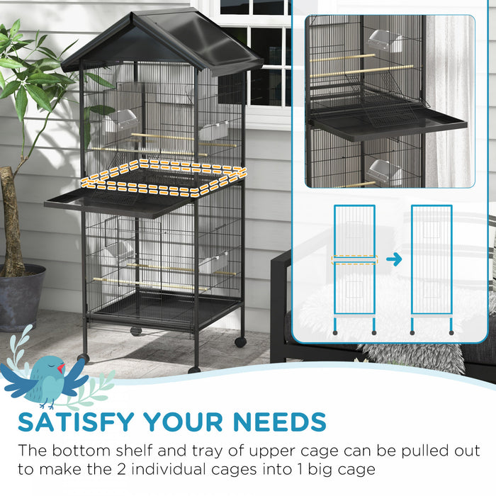 Pawhut Wrought Metal Bird Cage Feeder With Rolling Stand Perches Food Containers Doors Wheels 67\" H, Black