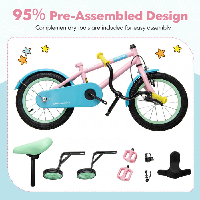 Costway 12\" Kids Bike With Adjustable Saddle Handlebar Removable Training Wheels Handbrake Pink