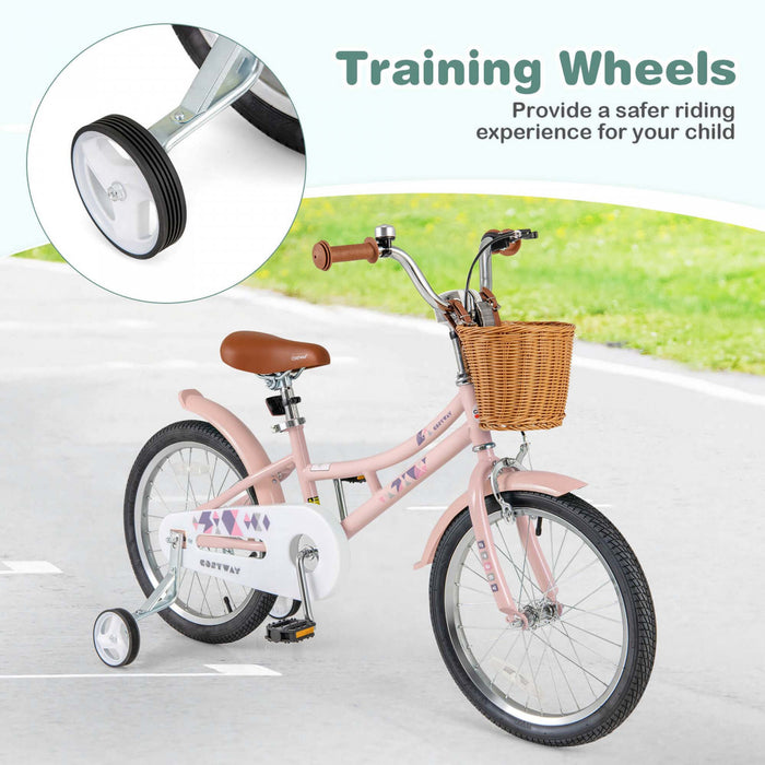 Costway 18\" Kids Bike With Height Adjustable Handlebar Seat Basket Bell Training Wheels Pink