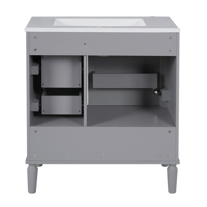 Emerson 30 Inch Bathroom Vanity with Ceramic Sink and Three Drawers, Grey