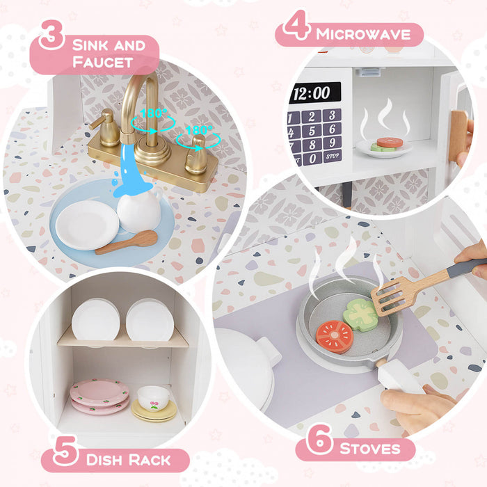 Honeyjoy Kids Kitchen Set Wooden Kitchen Playset With Clock, Microwave, Sink, Dish Rack White