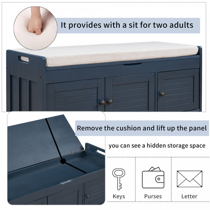 Olivia Pine Wood Storage Bench With 3-door Shoe Cabinet With Hidden Compartment - Antique Navy