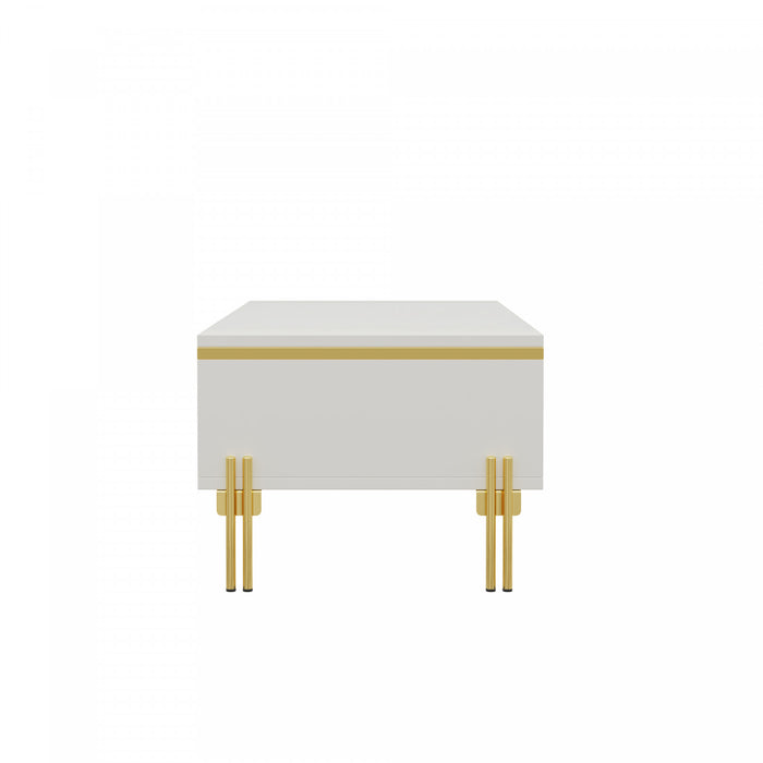 Lustra 39.4 Inch Modern High-Gloss Coffee Table with Dual Drawers and Gold Accents, White