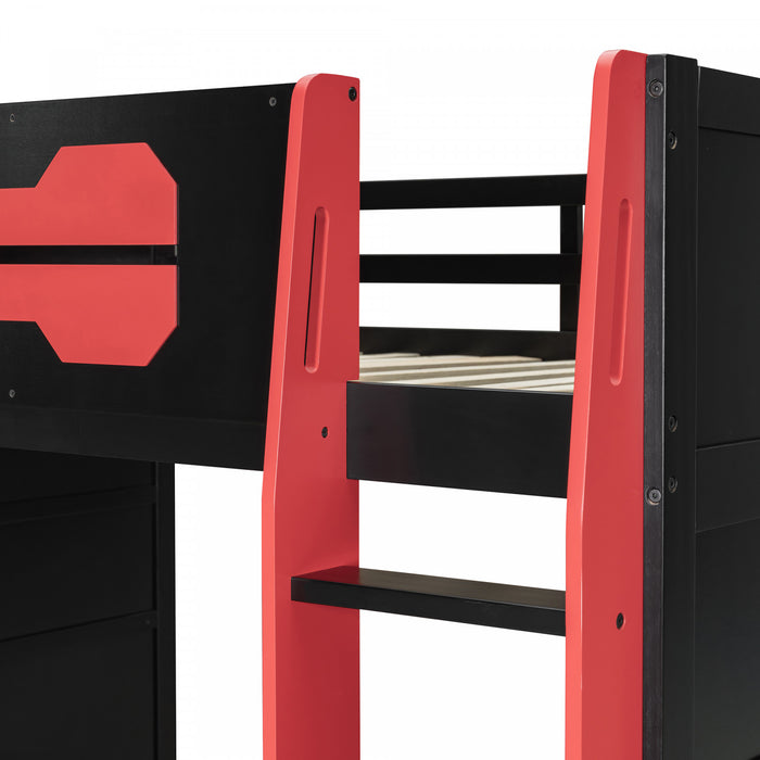 Olivia Wood Loft Bed with Desk and Multi-storage Shelves,RGB Light,Red Full Bed