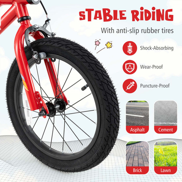 Costway 16\" Led Lighted Kids Bike With Adjustable Seat Coaster Brake Training Wheels Red