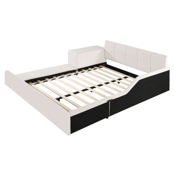 Lily Velvet Upholstered Grounded Bed with Desk and Stool,Full Size,Beige Full Bed