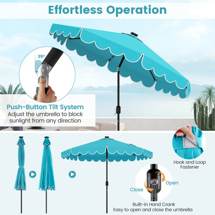 Costway 9.3 FT Solar Patio Umbrella Outdoor Market Sunshade with 24 LED Lights Ruffles Turquoise