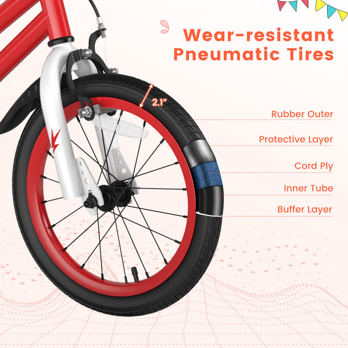 Costway 16\" Kid's Bike With Removable Training Wheels & Basket For 4-7 Years Old Red