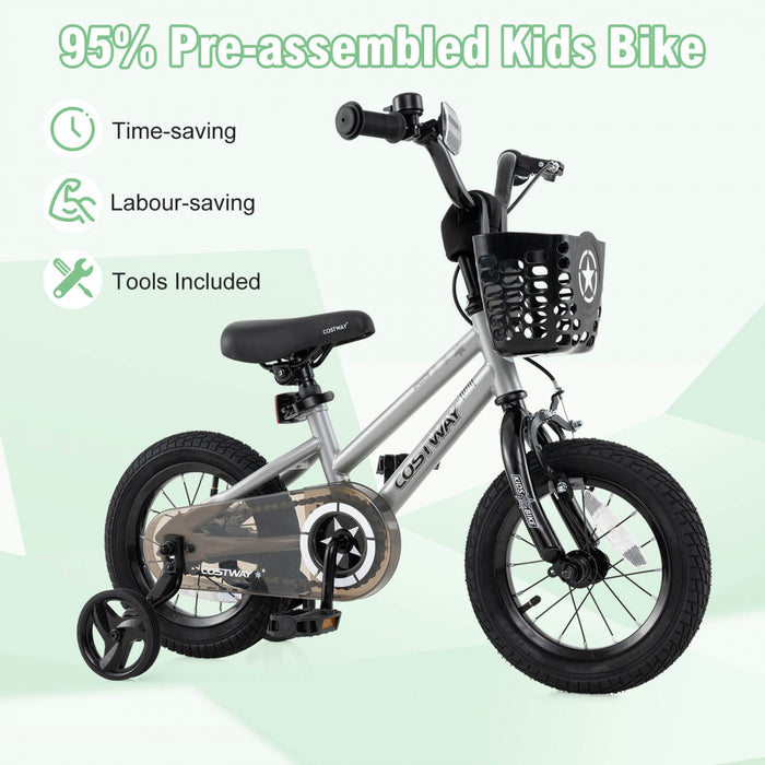Costway 14\" Kid's Bike With Training Wheels Adjustable Handlebar & Seat Handbrake Silver