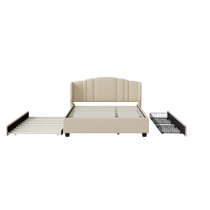 Jean Upholstered Platform Bed with Wingback Headboard and Storage Drawers,Queen Size,Beige Queen Bed