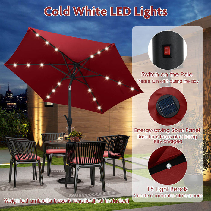 Costway 7.5 ft Solar Powered Patio Umbrella with LED Lights Push Button Tilt Crank Handle Red