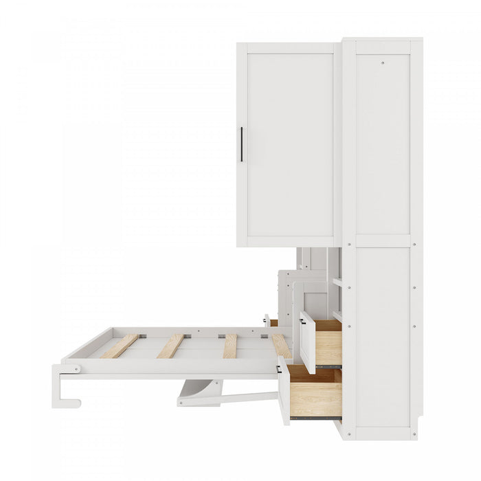 Maria Murphy Bed with Drawers and Shelves,Queen Size,White Queen Bed