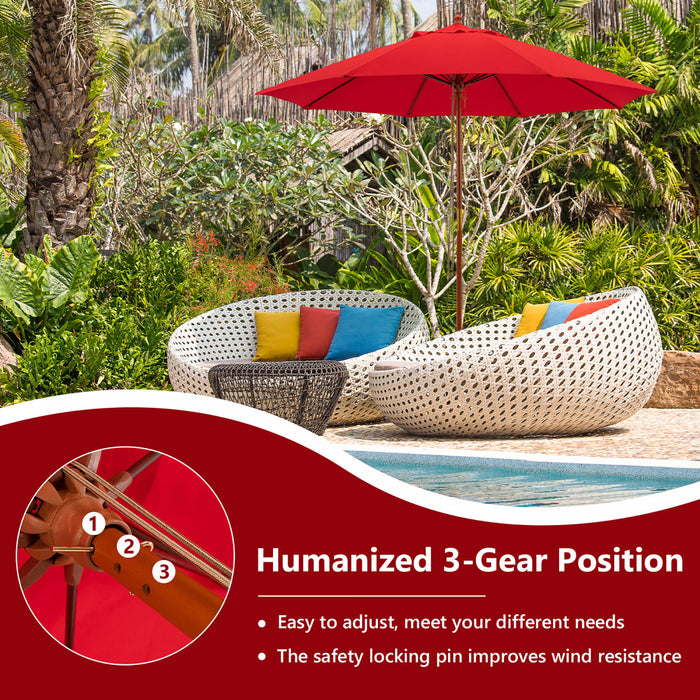 Costway 9.5 FT Patio Rope Pulley Wooden Umbrella Market w/Fiberglass Ribs Outdoor Red