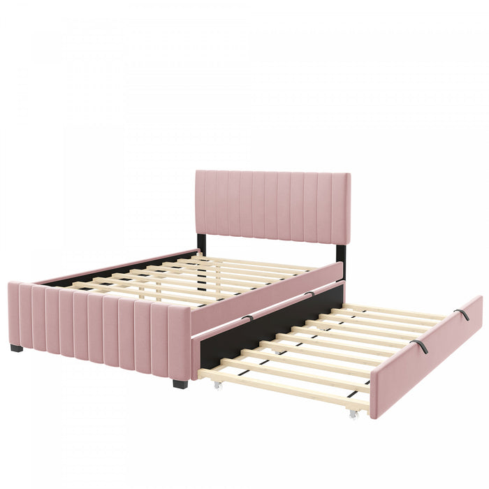 Ethan Space-Saving Velvet Upholstered Platform Bed with Trundle,Full Size,Pink Full Bed