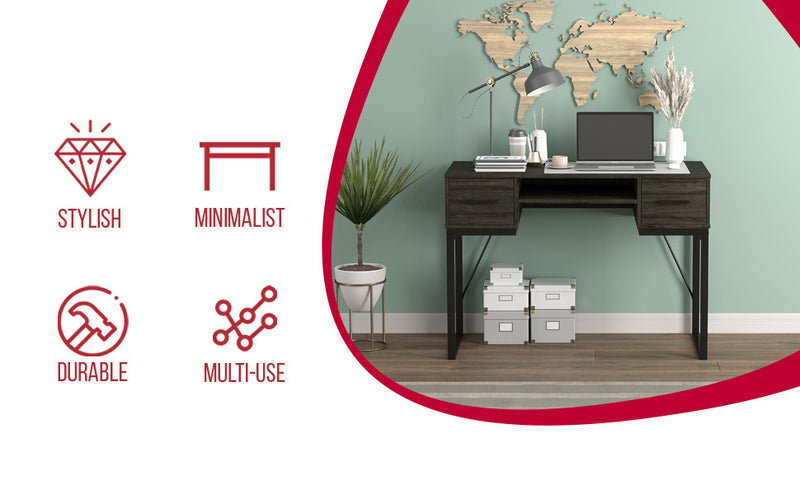 43” Computer Desk With 2 Drawers And 1 Shelf - Dark Grey With Black Metal Base