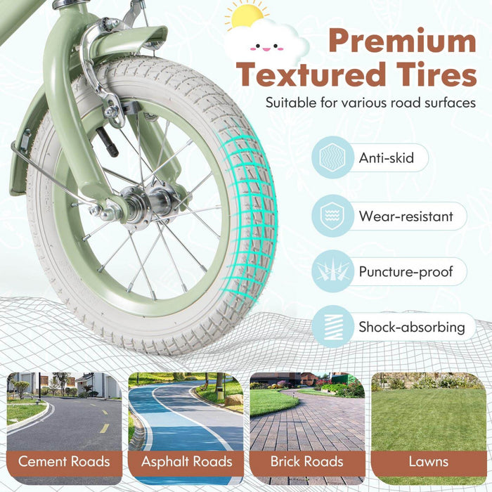 Costway 12\" Kids Bike With Adjustable Saddle Handlebar Removable Training Wheels Handbrake Green