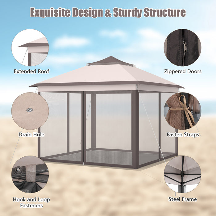 Costway 11'x11' 2-tier Pop-up Gazebo Tent Portable Canopy Shelter Carry Bag Mesh Beige