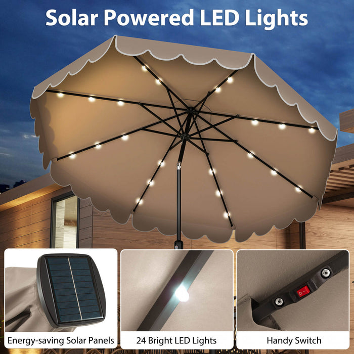 Costway 10 FT Solar Patio Umbrella with 24 LED Lights 8 Ribs & Tilt Adjustment Coffee