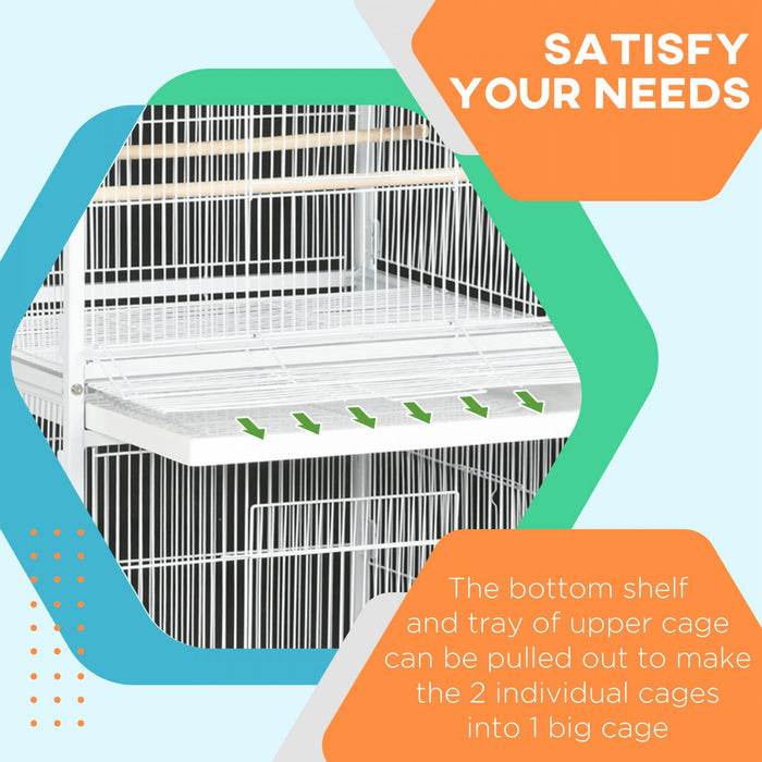 Pawhut Wrought Metal Bird Cage Feeder With Rolling Stand Perches Food Containers Doors Wheels 67\" H, White
