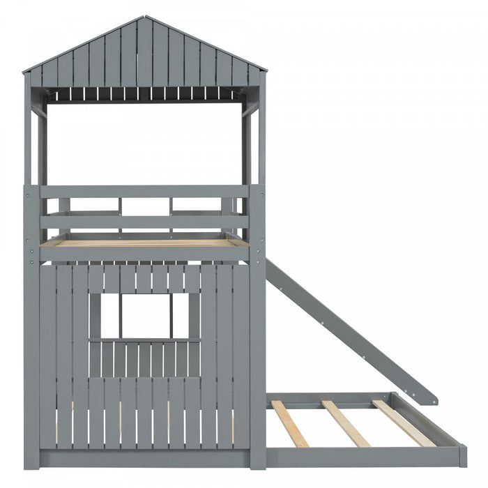 Marico Twin Over Solid Wood Full Bunk Bed With Slide, Playhouse Design, Grey