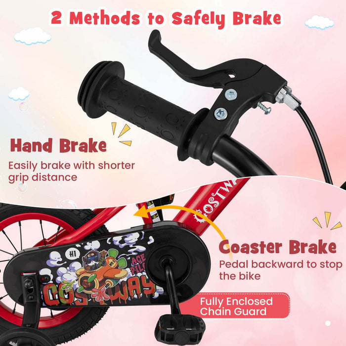 Costway 12\" Kid's Bike For 3-4 With Height-adjustable Handlebar & Saddle Handbrake Red