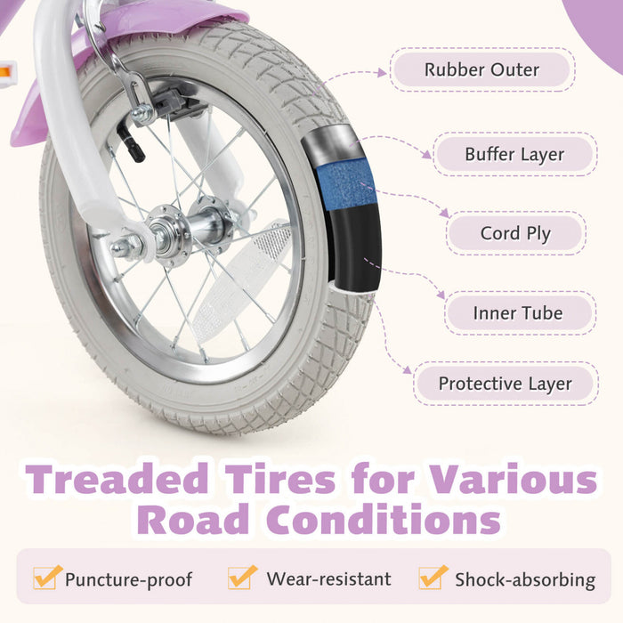 Costway 12 Inch Kids Bike With Training Wheels Doll Seat Basket Streamers Hand Brake Purple